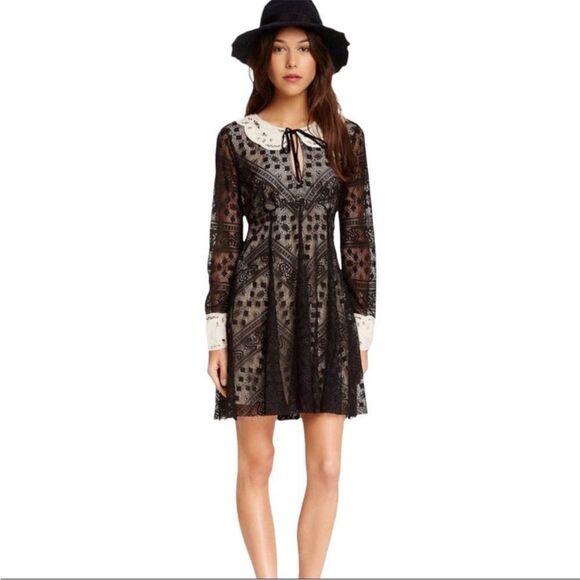 Free People  Talk that Talk Peter Pan Collar Fit and Flare Lace Dress - Picture 1 of 16